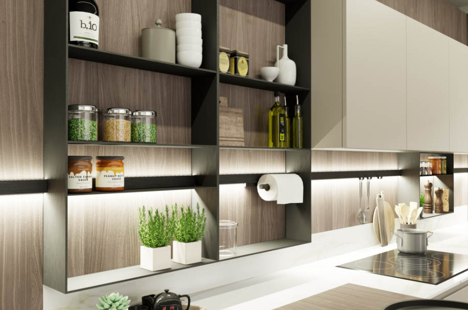 estanteria metal negro sobre encimera cocina con luz LED living